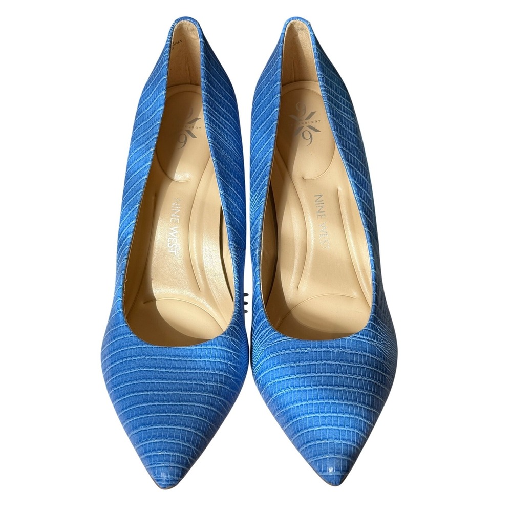 Nine‎ West Pumps Lizard Embossed 9M Blue Womens Block Heel Pointed Toe Shoes